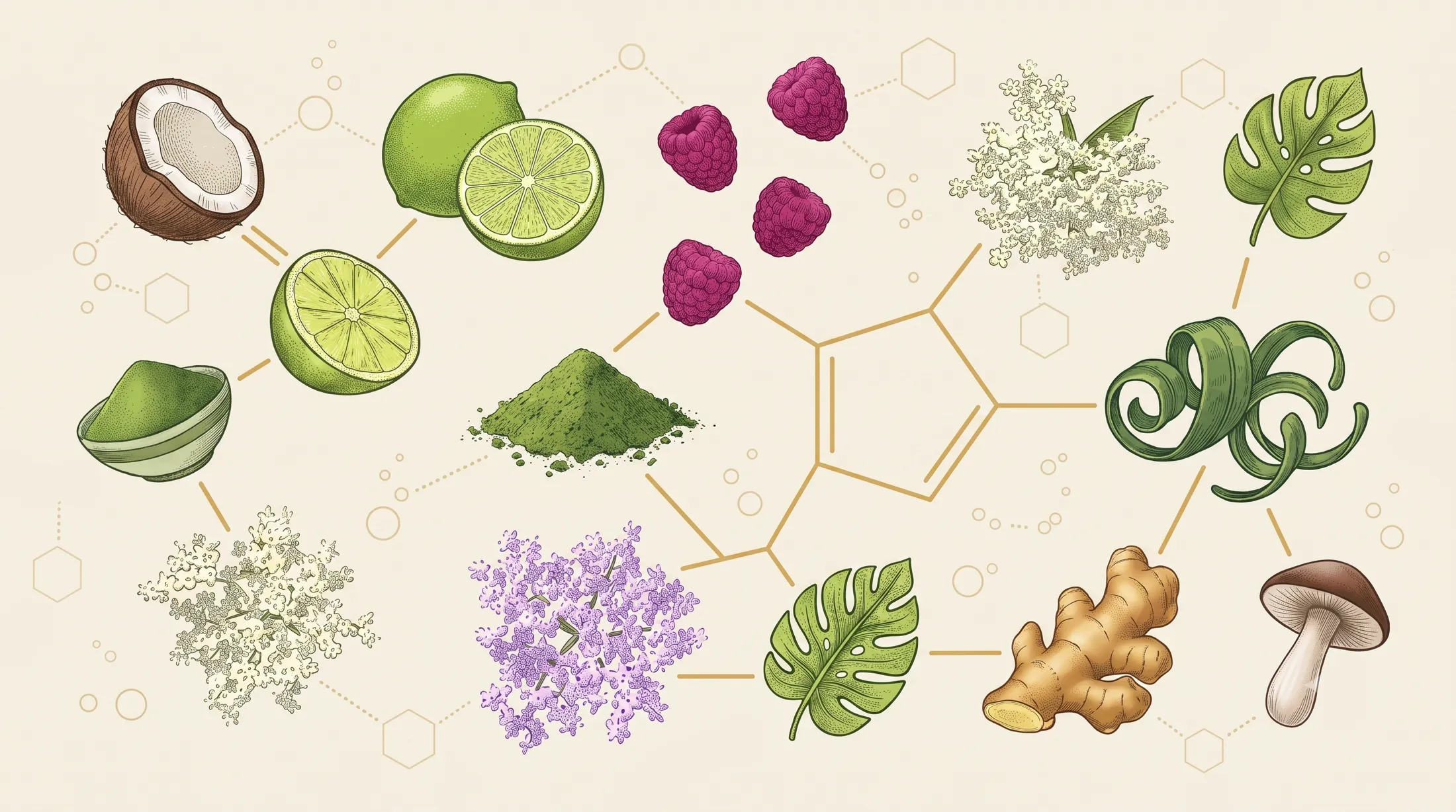 EVER botanicals linked like a molecule: coconut, lime, raspberry, elderflower, matcha, ginger and mushroom